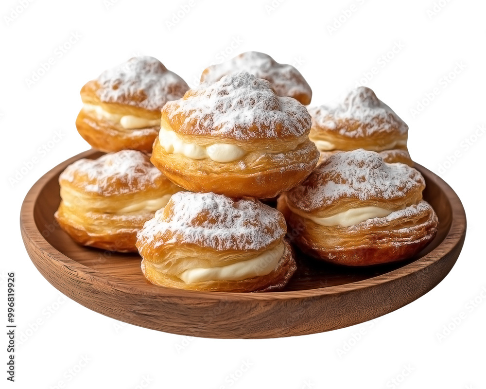 a wooden plate filled with cream-filled pastries generously dusted with powdered sugar, isolated on transparent background a wooden plate filled with cream-filled pastries generously dusted with powdered sugar, isolated on transparent background