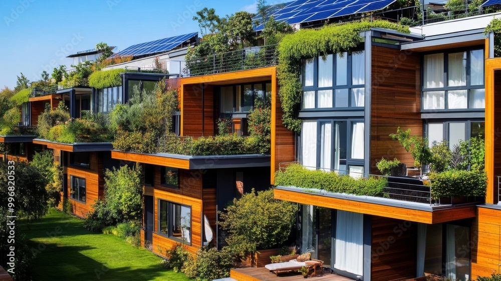 Fototapeta premium Energy-efficient multifamily residential complex with green balconies. 