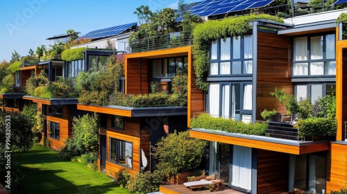 Energy-efficient multifamily residential complex with green balconies. 