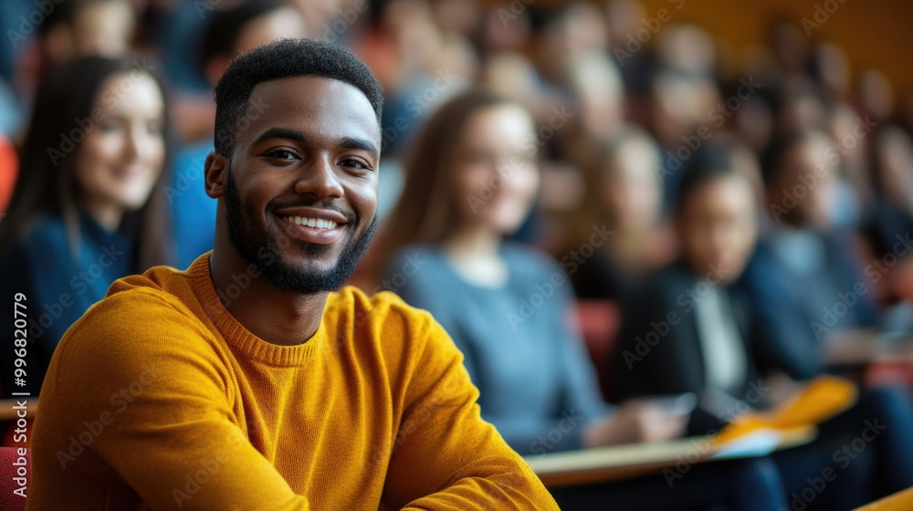 A joyful black student is seated in a lecture hall, immersed in a lively college atmosphere A joyful black student is seated in a lecture hall, immersed in a lively college atmosphere