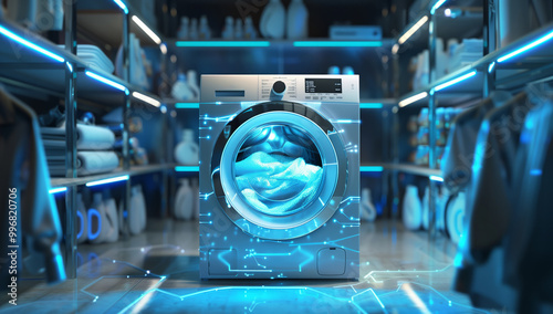 A modern washing machine operates in a high-tech laundry space, showcasing innovative technology with vibrant blue lighting and holographic displays