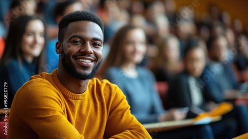 A joyful black student is seated in a lecture hall, immersed in a lively college atmosphere