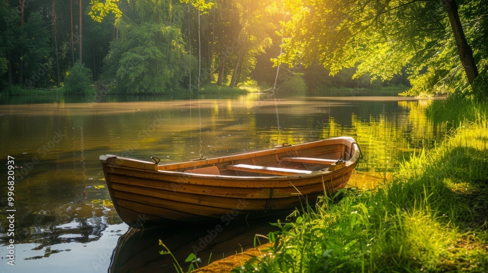 A tranquil wooden boat resting by the serene riverside under golden sunlight in a lush forest setting A tranquil wooden boat resting by the serene riverside under golden sunlight in a lush forest setting