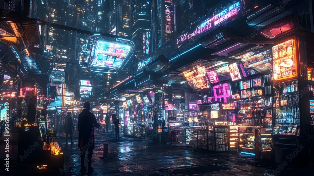 Futuristic Cyber Monday Tech Bazaar with Neon Lit Digital Stalls Holographic Product Displays and Robotic Shopping Assistants in a Visual Style Futuristic Cyber Monday Tech Bazaar with Neon Lit Digital Stalls Holographic Product Displays and Robotic Shopping Assistants in a Visual Style
