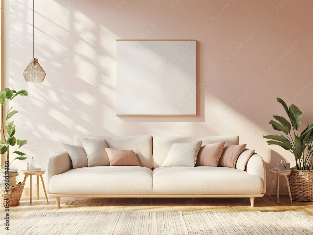 Fototapeta premium Cozy and Stylish Contemporary Living Area with Generously Sized Sofa and Warm Natural Light Scandinavian Inspired Interior Design with Clean Lined Furnishings Detailed Textures and Serene Ambiance