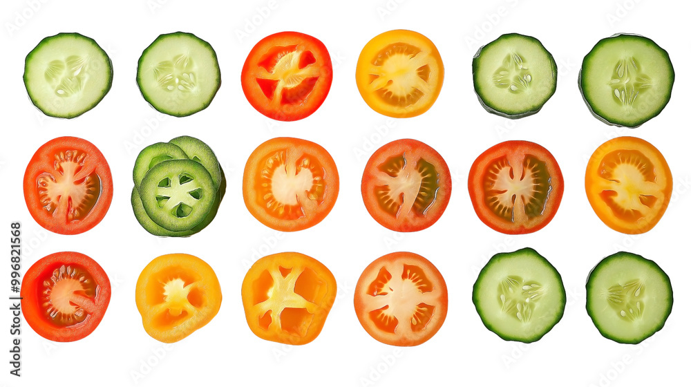 neatly arranged slices of colorful vegetables isolated on transparent background. neatly arranged slices of colorful vegetables isolated on transparent background.