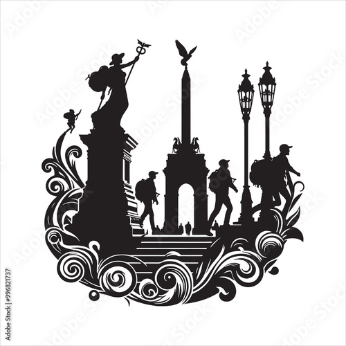 City monument with historical statues and people in classic urban park scene, heritage city design silhouette vector illustration