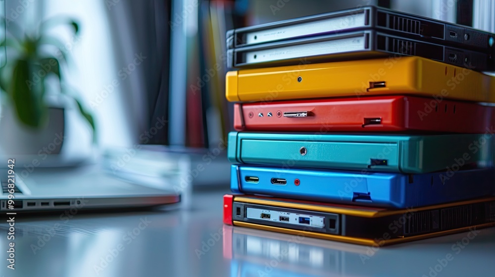 A stack of different colored external hard drives organized neatly on a desk A stack of different colored external hard drives organized neatly on a desk