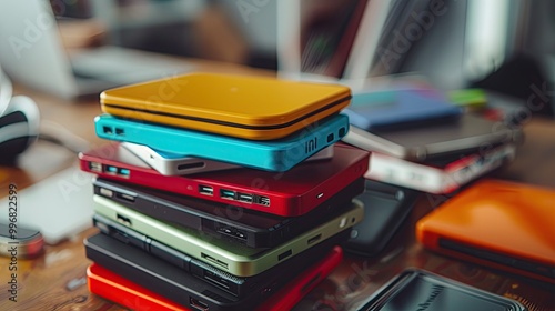 A stack of different colored external hard drives organized neatly on a desk