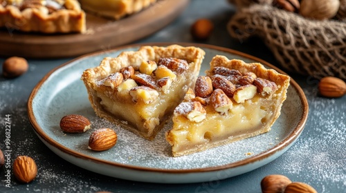 Two slices of pecan pie with almonds. Perfect for a food blog or to represent delicious desserts.