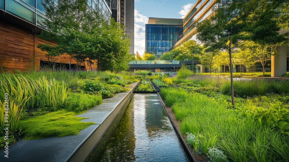 A vibrant urban area showcases sustainable design with green rain gardens and permeable walkways, promoting eco-friendly landscaping and urban wellness