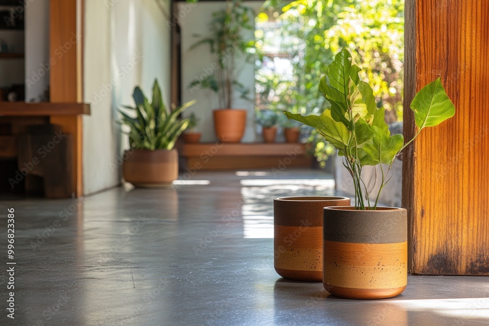 Two potted plants on a floor. Perfect for minimalist home decor, showcasing a modern style. Two potted plants on a floor. Perfect for minimalist home decor, showcasing a modern style.
