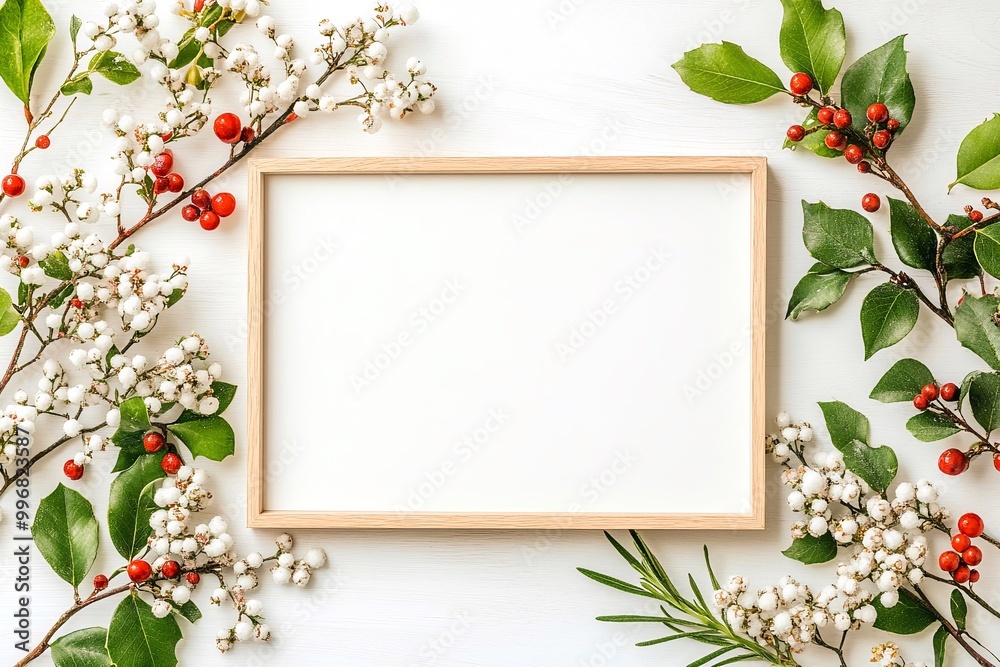 Foto incorniciata vuota, con sfondo bianco con decorazioni natalizie esterne, perfetto per la personalizzazione o il branding. Foto incorniciata vuota, con sfondo bianco con decorazioni natalizie esterne, perfetto per la personalizzazione o il branding.