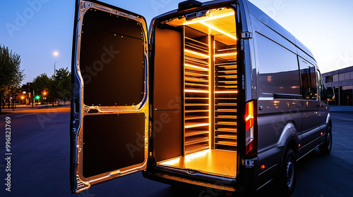 an empty cargo van with its side door wide open, interior lights casting a warm glow on the organized shelving system inside photo