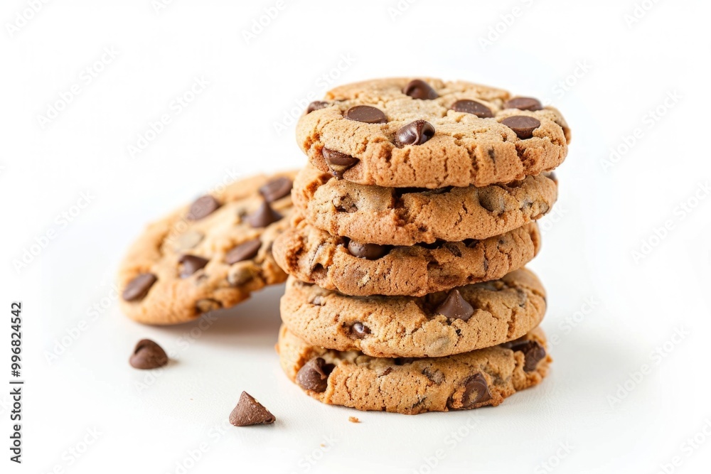 A stack of freshly baked chocolate chip cookies against a white background, showcasing a delightful dessert ready for enjoyment A stack of freshly baked chocolate chip cookies against a white background, showcasing a delightful dessert ready for enjoyment