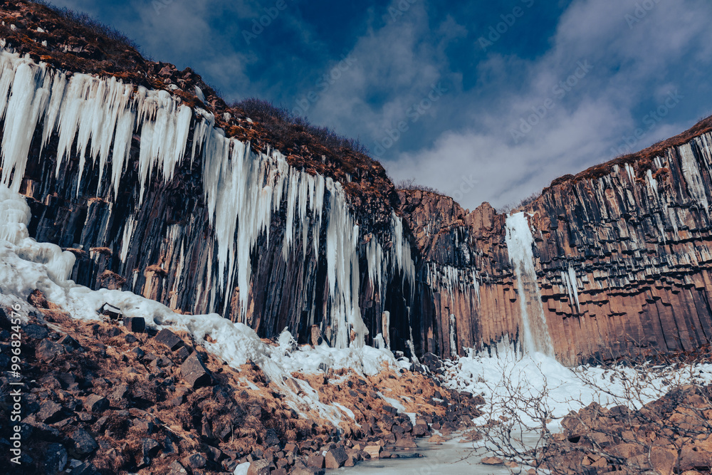 Skaftafell waterfall in a cold march day in iceland