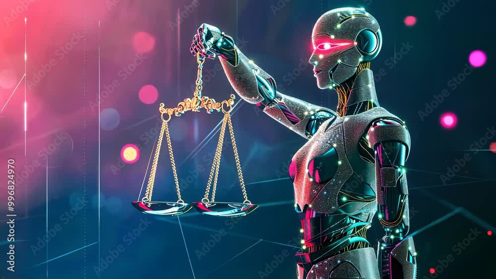Robot holding scales representing artificial intelligence in justice system