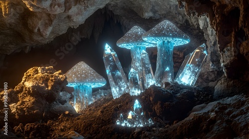 Glowing bioluminescent mushrooms and crystal formations in a hidden cavernous chamber with a mystical and enchanted ambiance showcasing high contrast lighting shadows and a surreal photo