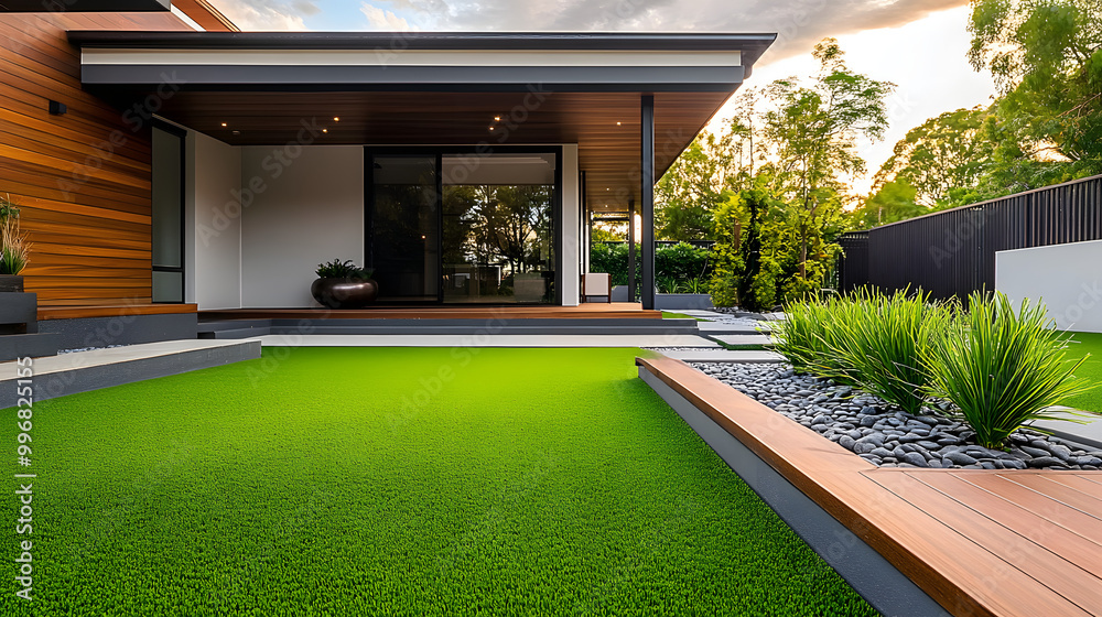 Contemporary Lawn Turf with Wooden Edging in Front Yard of Modern Australian House. Artificial Grass with Clean Design and Boundary Decoration Contemporary Lawn Turf with Wooden Edging in Front Yard of Modern Australian House. Artificial Grass with Clean Design and Boundary Decoration