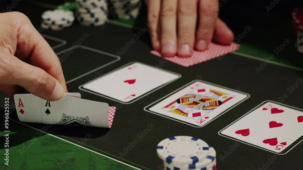 Game of poker in casino, taking place with poker chips and cards on a green table, gambling place, roulette jack pot. 