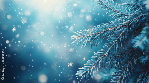 Snow-covered pine tree branch with festive Christmas bokeh background
