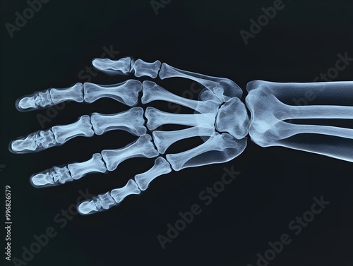 Highly detailed and anatomically accurate X ray image of a human hand and wrist skeleton presented in a clean and crisp clinical medical style reminiscent of mid 20th century scientific documentation photo