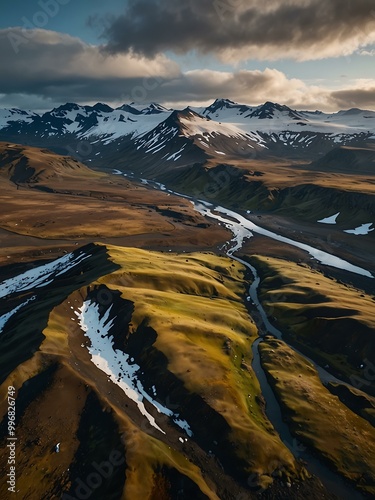 Aerial view of the Icelandic highlands near Mt. Petursey with rolling hills and snow-capped mountains. photo