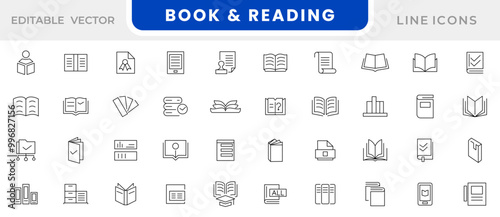 Book and Reading line icon set. Book and reading. E-books, library, literature, online education, knowledge, global, audio book, video lesson, course line icon set. Ui thin line icon pack.