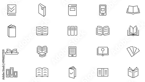 Book and Reading line icon set. Book and reading. E-books, library, literature, online education, knowledge, global, audio book, video lesson, course line icon set. Ui thin line icon pack.