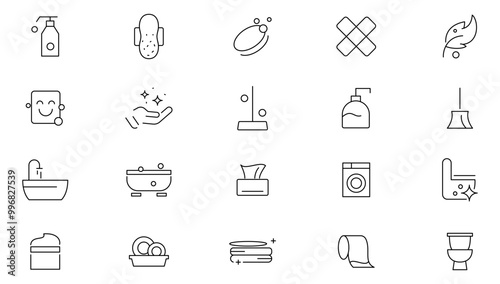 Hygiene line icon set. Cleaning, washing hands, shower, seminar, soap, respiratory mask, antiseptic, cleaning, housework, dusting line icon set. Ui thin line icon pack.