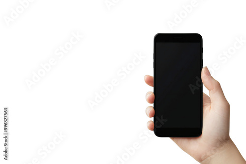 Smartphone Mockup with Blank Screen Held in Hand, Isolated Mobile Device for App Display and Digital Technology, Perfect for Tech Designs and Mobile Templates