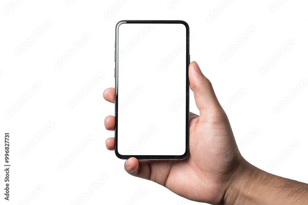 Smartphone Mockup with Blank Screen Held in Hand, Isolated Mobile Device for App Display and Digital Technology, Perfect for Tech Designs and Mobile Templates Smartphone Mockup with Blank Screen Held in Hand, Isolated Mobile Device for App Display and Digital Technology, Perfect for Tech Designs and Mobile Templates