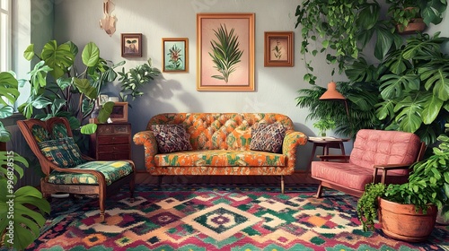 Eclectic and Vibrant Bohemian Inspired Living Room with Colorful Patterned Rug Mismatched Vintage Furniture and Abundant Lush Greenery Cozy and Inviting Atmosphere with Digital Painting Like Aesthetic