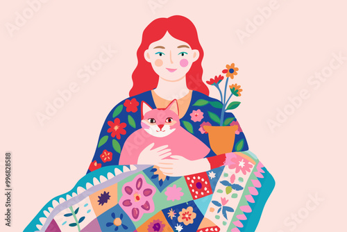 Cozy Woman with Cat and Floral Quilt Illustration