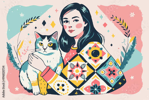 Whimsical Artistic Portrait of Woman Holding Cat with Colorful Background