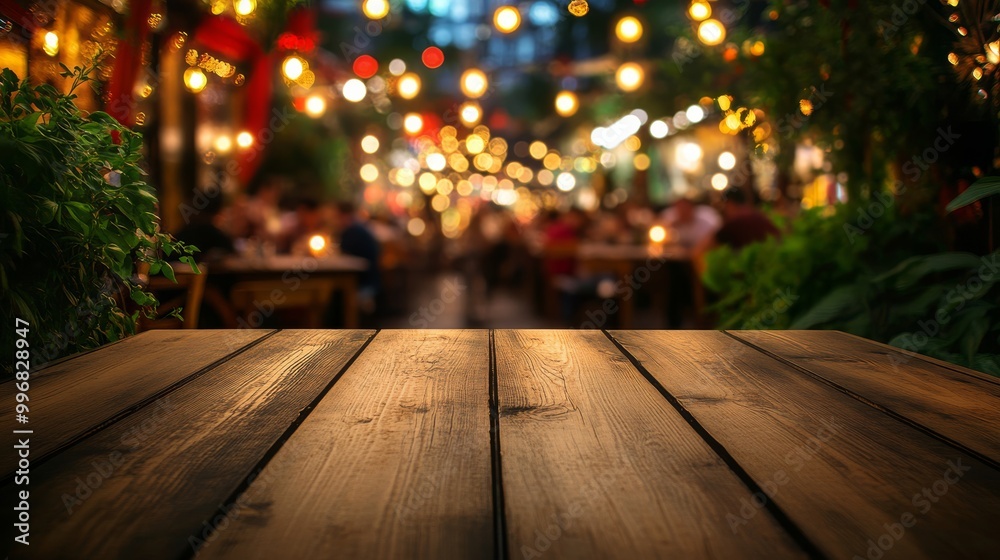 A wooden table stands in focus at night, surrounded by a vibrant restaurant filled with diners, warm lights, and a festive ambiance A wooden table stands in focus at night, surrounded by a vibrant restaurant filled with diners, warm lights, and a festive ambiance