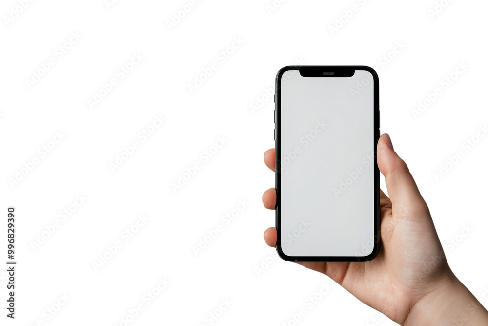 Smartphone Mockup with Blank Screen Held in Hand, Isolated Mobile Device for App Display and Digital Technology, Perfect for Tech Designs and Mobile Templates Smartphone Mockup with Blank Screen Held in Hand, Isolated Mobile Device for App Display and Digital Technology, Perfect for Tech Designs and Mobile Templates