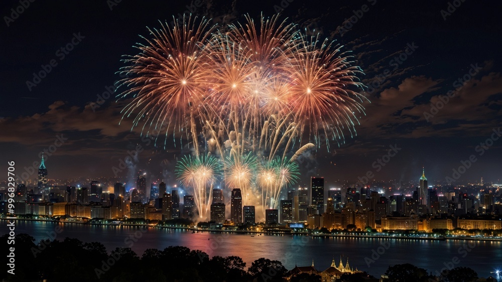 Naklejka premium New year fireworks display over the city 