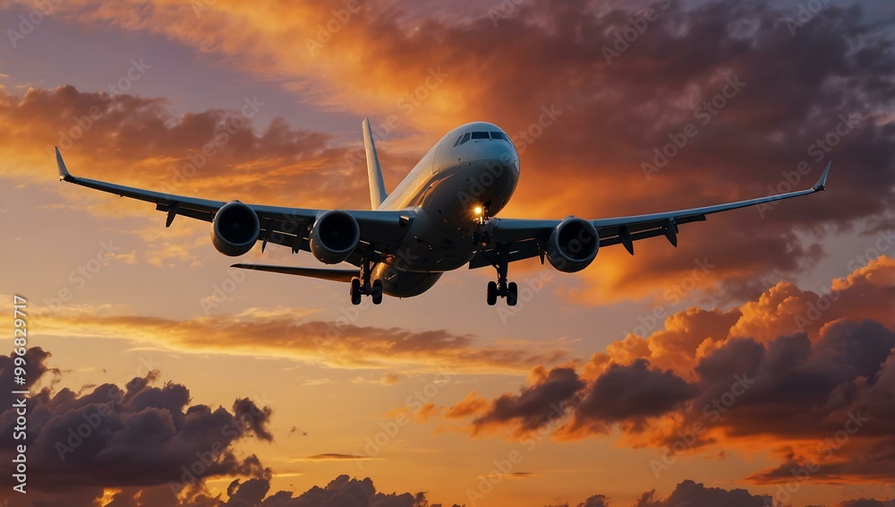 Airplane taking off at sunset with vibrant sky colors. Airplane taking off at sunset with vibrant sky colors.