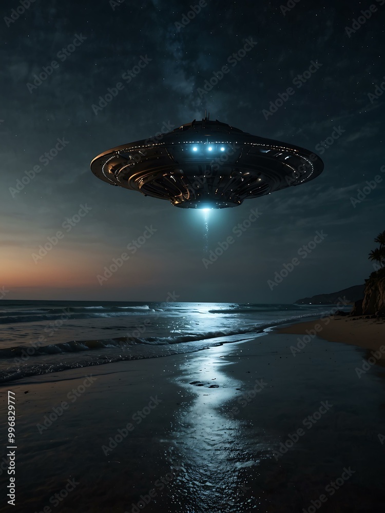 Alien craft hovering over a secluded beach in moonlight. Alien craft hovering over a secluded beach in moonlight.
