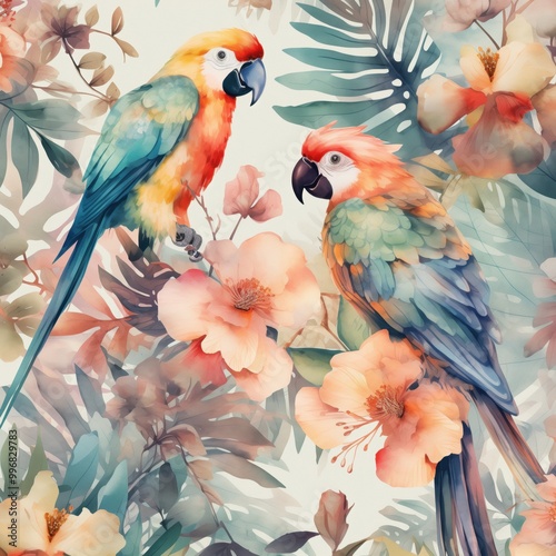Stunning, Vibrant Tropical Parrots Nestled Among Beautifully Colorful and Lively Flowers