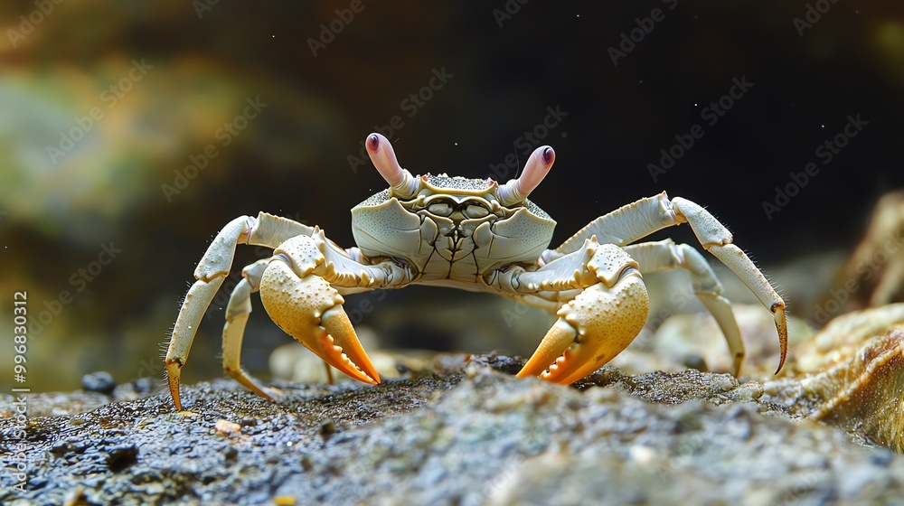 A close-up of a crab on the ocean floor, showcasing its vibrant claws and unique features in a natural underwater habitat. A close-up of a crab on the ocean floor, showcasing its vibrant claws and unique features in a natural underwater habitat.