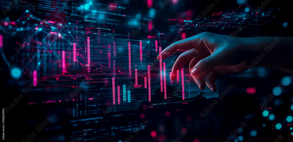 Hand interacting with digital DNA, next-gen sci-fi technology, colorful bar graph, and data points on a dark background. Hand interacting with digital DNA, next-gen sci-fi technology, colorful bar graph, and data points on a dark background.