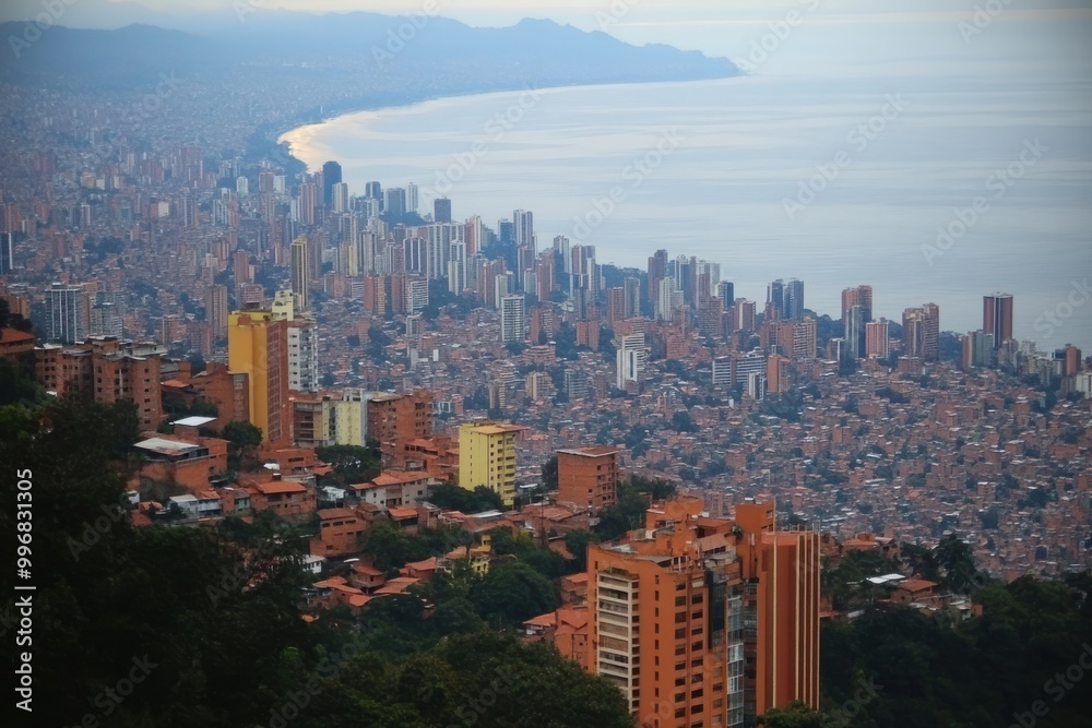 Naklejka premium Panoramic Cityscape with Coastal Skyline and Dense Urban Housing