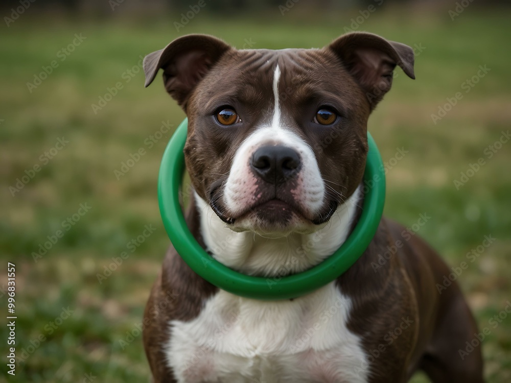 Another adorable Staffordshire bull terrier with a green frisbee. Another adorable Staffordshire bull terrier with a green frisbee.