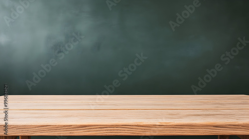 Wooden tabletop in a school classroom against a blackboard background. Empty countertop for product presentation. Mockup for design with desk.