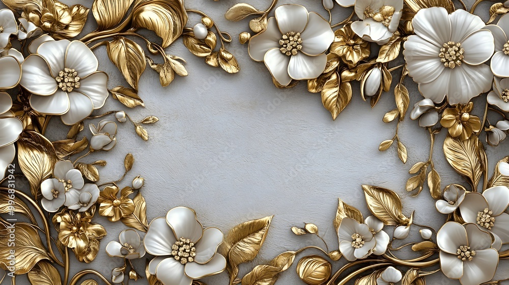 Intricate and Delicate White Gold Floral Border Jewelry Featuring Blooming Flowers Lush Petals and Leaves and Shimmering Metallic Accents in an Elegant Art Nouveau Style with a Garden Setting Intricate and Delicate White Gold Floral Border Jewelry Featuring Blooming Flowers Lush Petals and Leaves and Shimmering Metallic Accents in an Elegant Art Nouveau Style with a Garden Setting