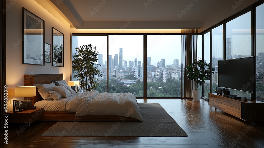 Naklejka premium Bedroom with large glass windows, urban city view, 3D illustration