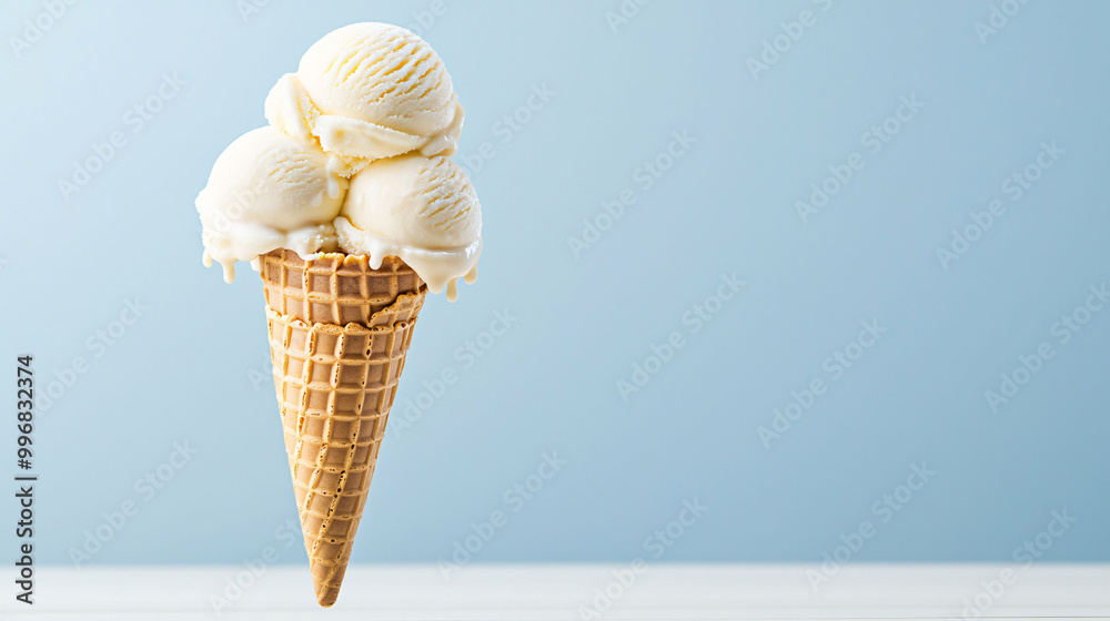 Creamy ice cream scoops atop waffle cone create delightful treat Creamy ice cream scoops atop waffle cone create delightful treat