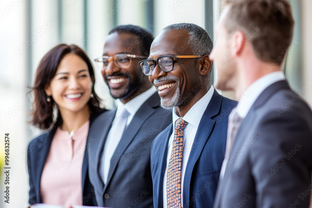 A diverse group of professionals in suits enjoying a conversation in a modern office setting. A diverse group of professionals in suits enjoying a conversation in a modern office setting.